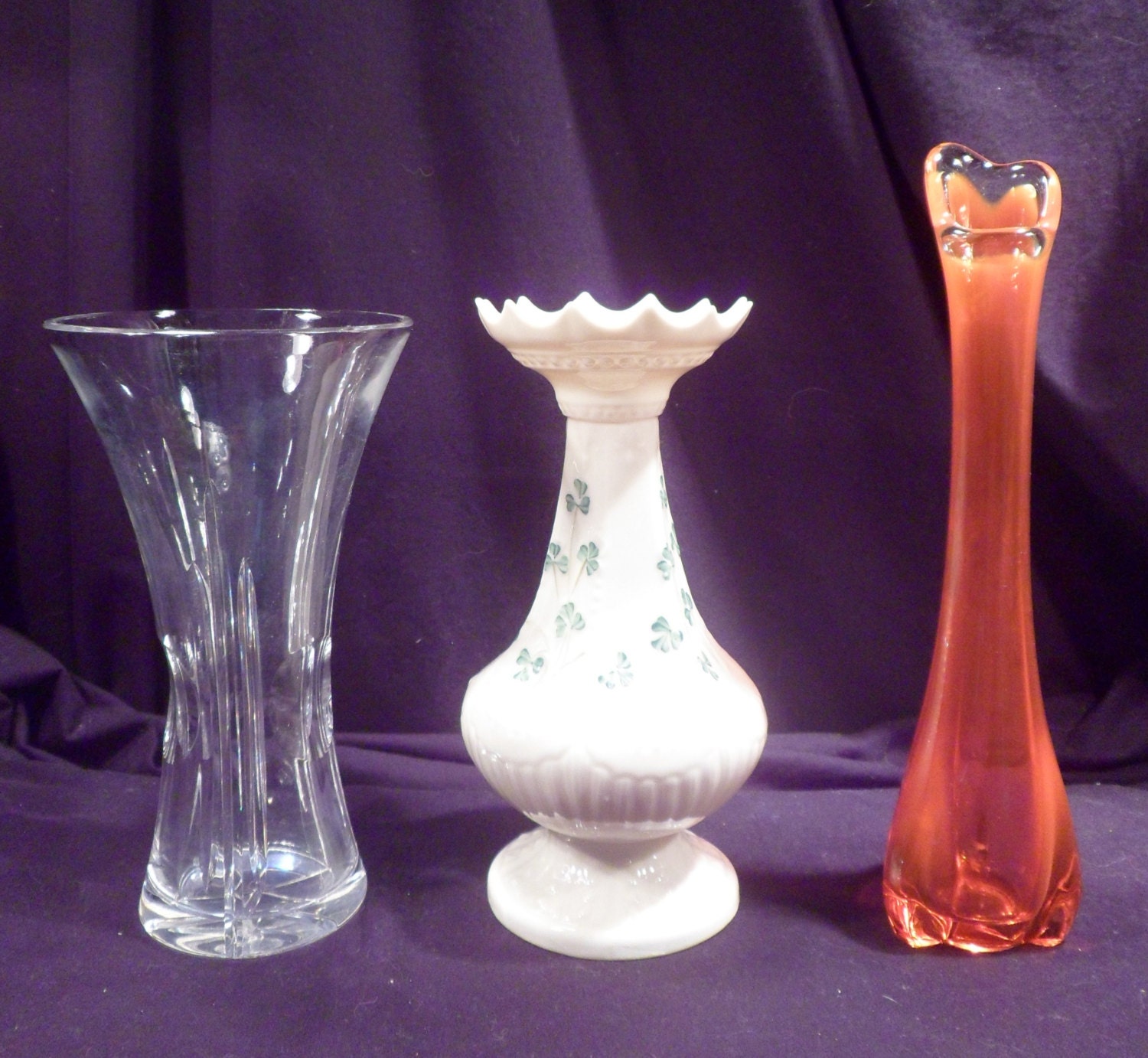 3 Bud Vases Belleek Shamrock Cut Crystal by AntiqueCrystalGlass