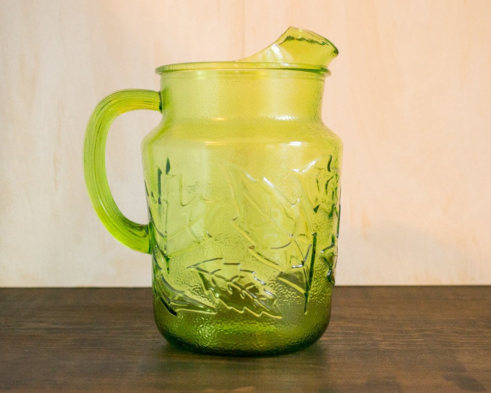 Beautiful Vintage Green Glass Pitcher with Leaf Designs