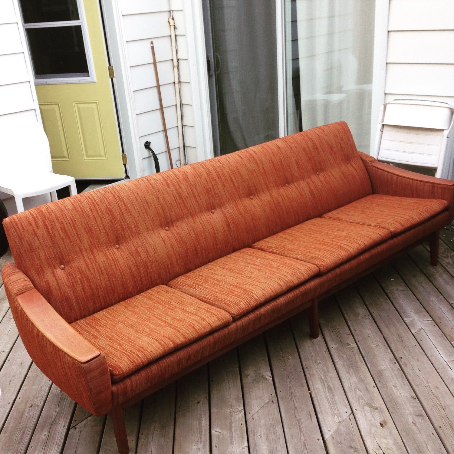 Mid Century Modern Extra Long Sofa Couch With Teak Detail Original