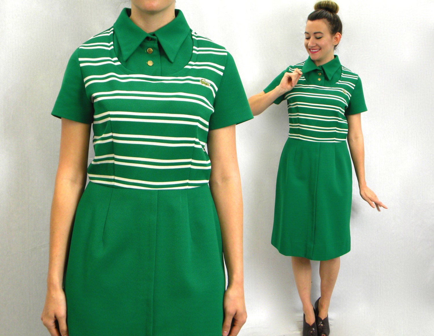 60s Kelly Green Shirt Dress Striped Dress by