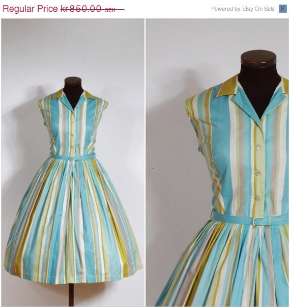 24 HOUR SALE Vintage 50s Pat Perkins Blue Striped Shirtwaist Dress M/L ...