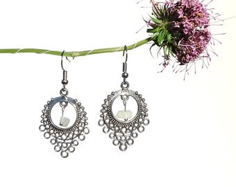 Chandelier earrings, dangle earrings, rainbow moonstone jewelry, silver earring, white moonstone earring, baroque jewelry silver jewelry syn