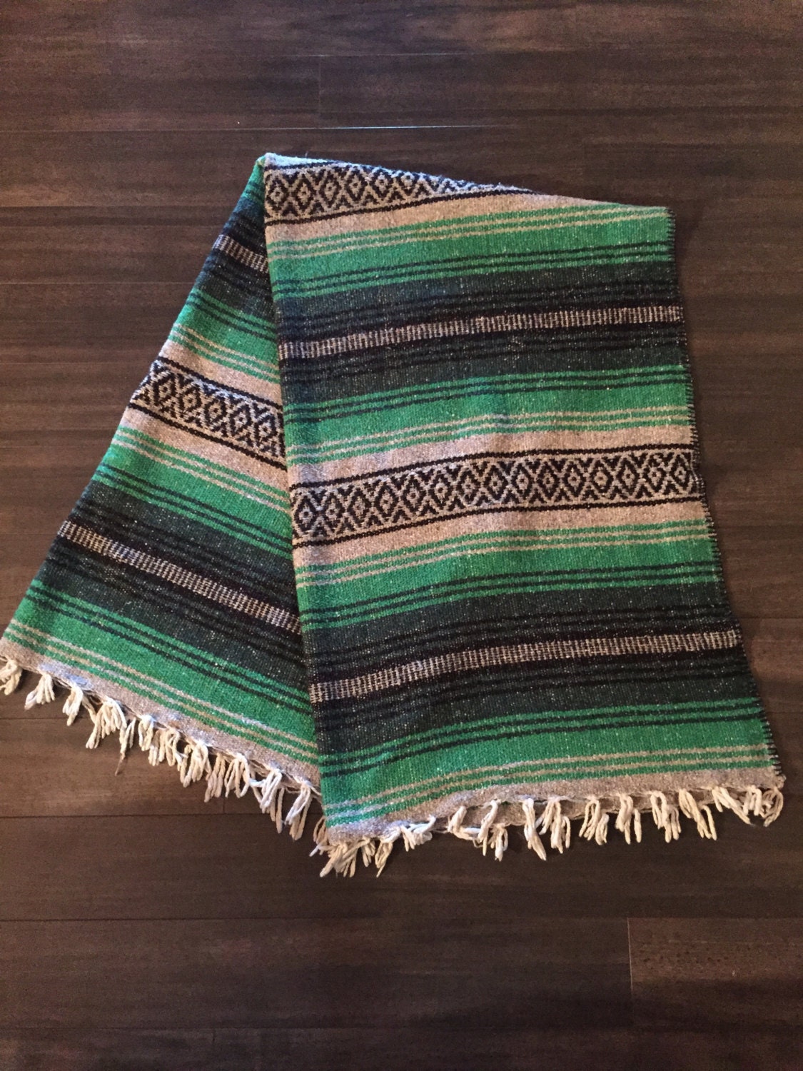 Vintage Green Mexican Blanket Rug Wall Hanging