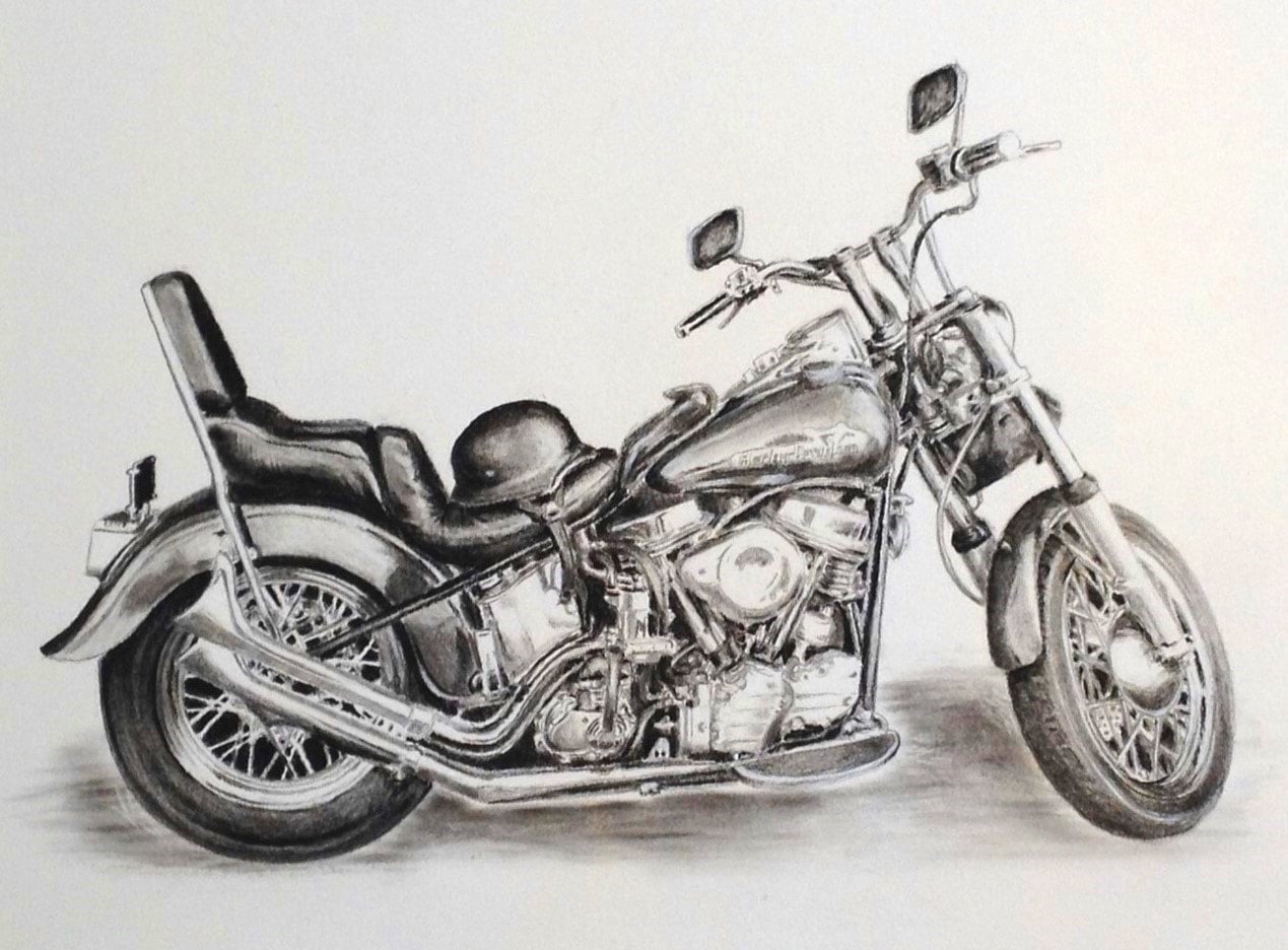 Custom charcoal 11 x 14 inch drawing of motorcycle drawn from