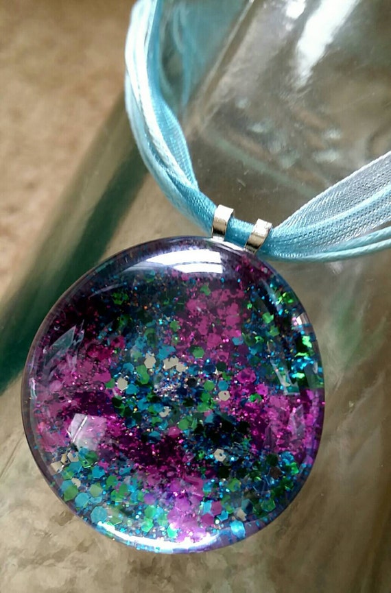 Glass Glitter Pendant Ribbon Necklace Blue by Happynightowls