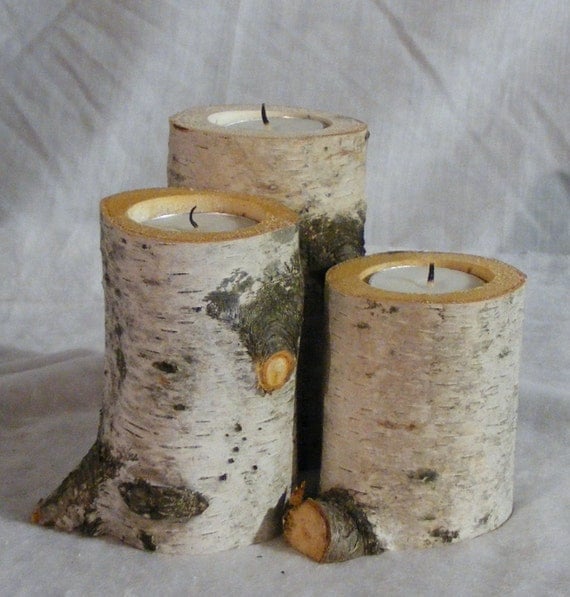 SALE White Birch Candle Holder Rustic Wedding by GFTWoodcraft