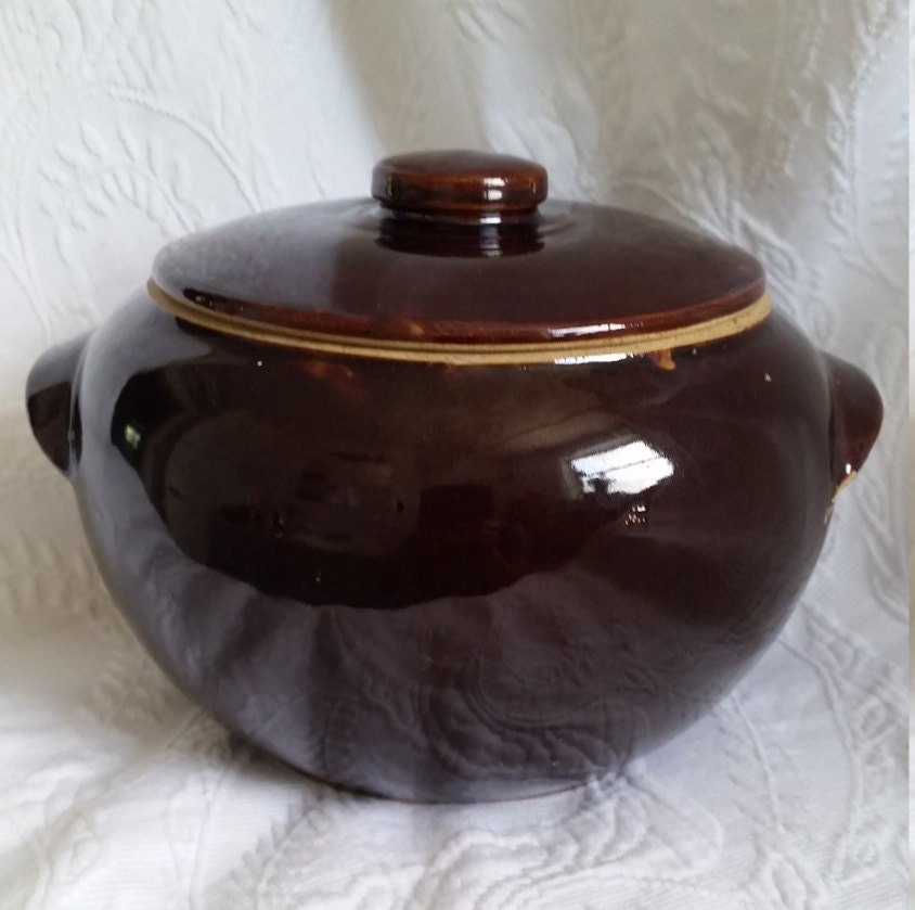 Antique Bean Pot Crock with Lid 1800 s Dark by VINTAGENfinity