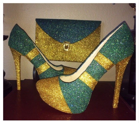 Green and gold Sparkly glitter high heel stiletto shoes matching ...