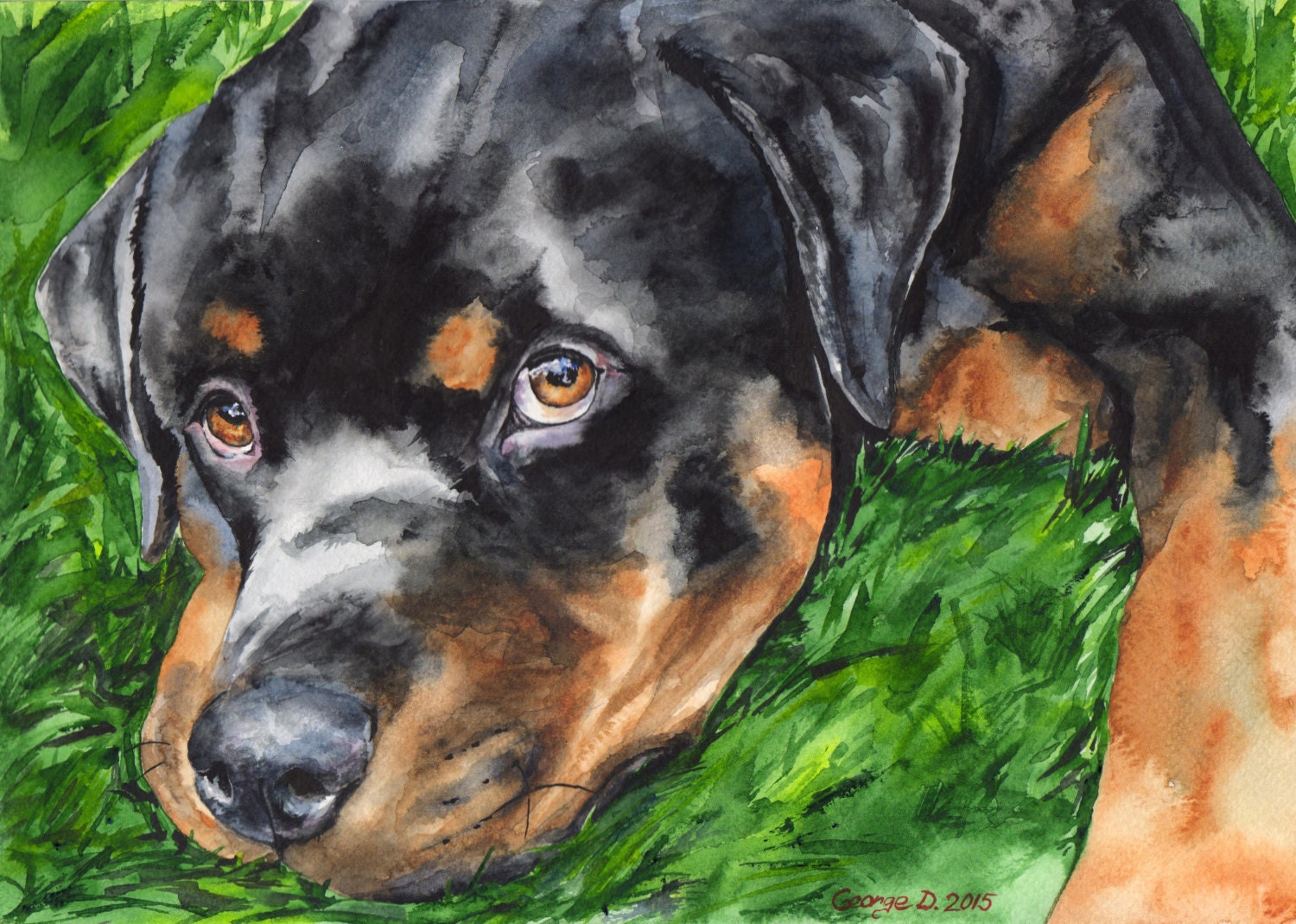 Rottweiler ORIGINAL Watercolor Painting art by GeorgeWatercolorArt