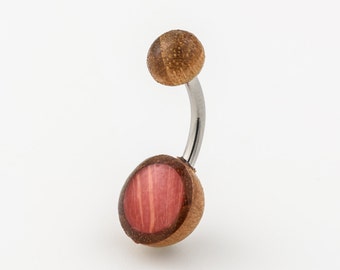 Belly button ring. Tamarind wood disc set with lab coral and surgical steel pin.