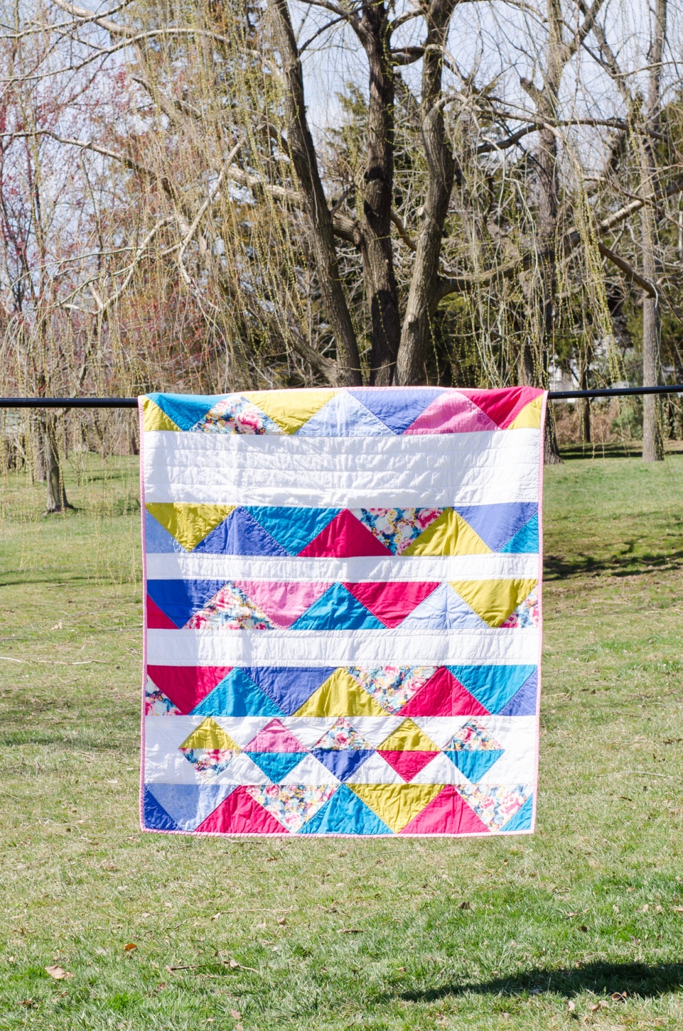 Bright Floral and White Geometric Quilt