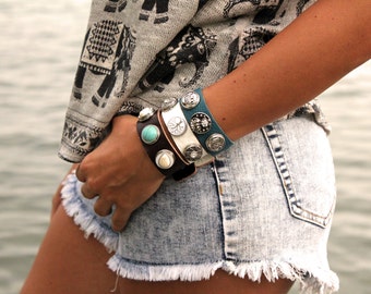 Sale! Snap Bracelet, Snap Jewelry, Leather Bracelet with 3 chunks, Snap Bracelet, Leather Bracelet, Ginger Snap Jewelry, Boho Bracelet
