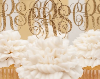 Custom Monogrammed Cupcake Toppers In Gold Glitter set of 12