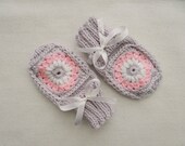 Knitted baby mittens, knitted newborn mittens, baby thumbless mittens, hand knit and granny square crochet, merino wool, grey pink white