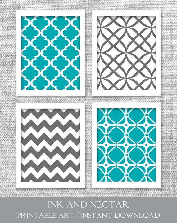 Printable Art Set Turquoise Teal Gray Art Printable Wall