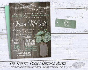 Rustic Wedding Shower Invitation, Mason Jar Bridal Shower Invitation, Mint Green Spring Wedding Shower Invites Printable, String Lights DIY