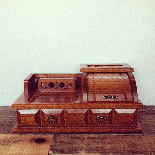 Solid wood 1970’s jewelry box with rolltop lid and mustard yellow