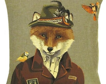 Dressed Fox Pillow Cover with Bird - 18x18 Belgian Tapestry Pillow Cover - Forest Decor Cushion Cover - PC-5379