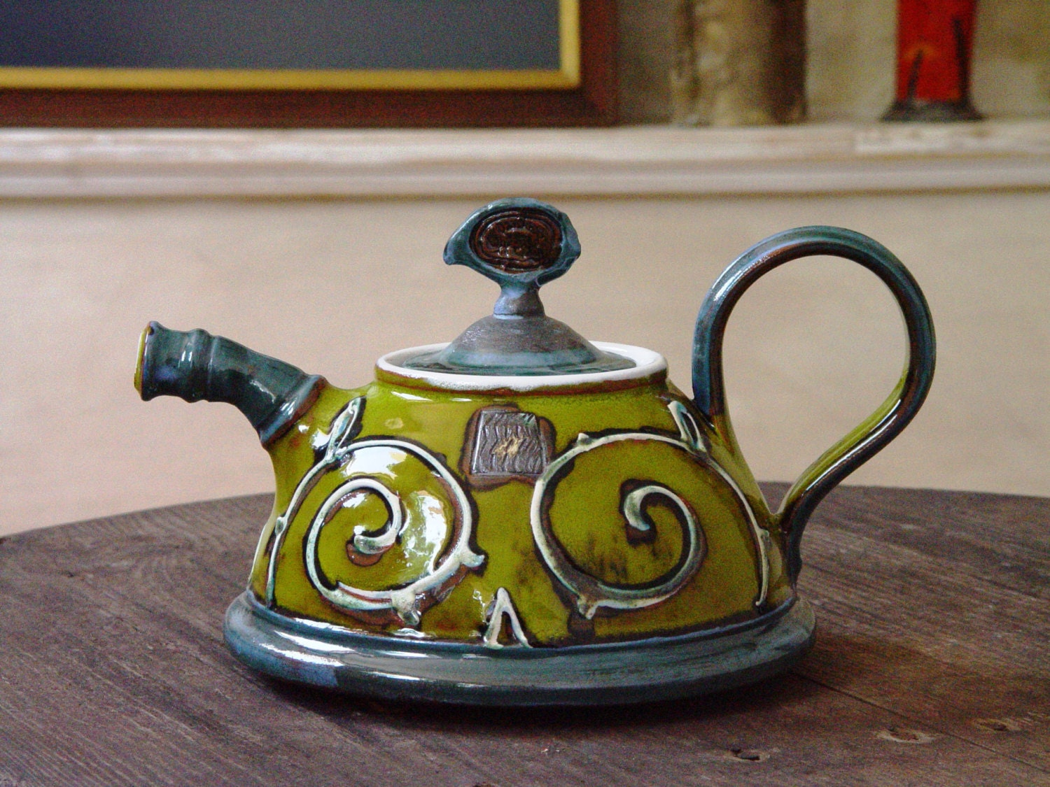 Green ceramic teapot. Pottery Teapot. Handmade Tea Pot, Hand painted