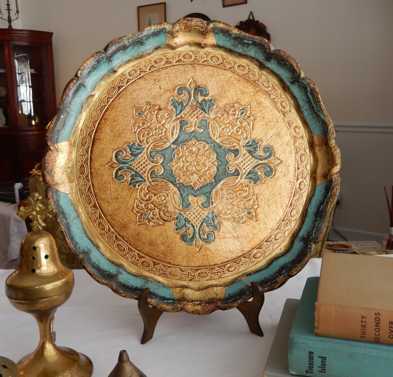 Vintage Florentine Round Tray, Blue And Gold Gilt Italian Serving Tray ...