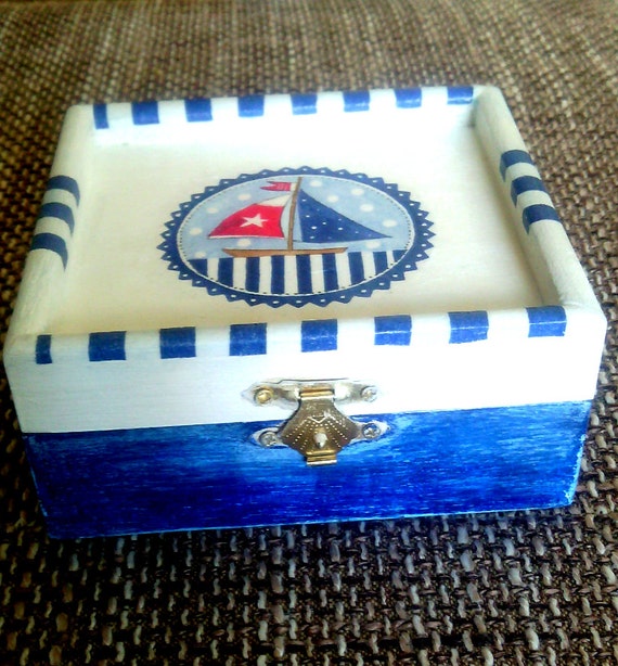 Wooden box decoupaged in nautical styleReady to ship