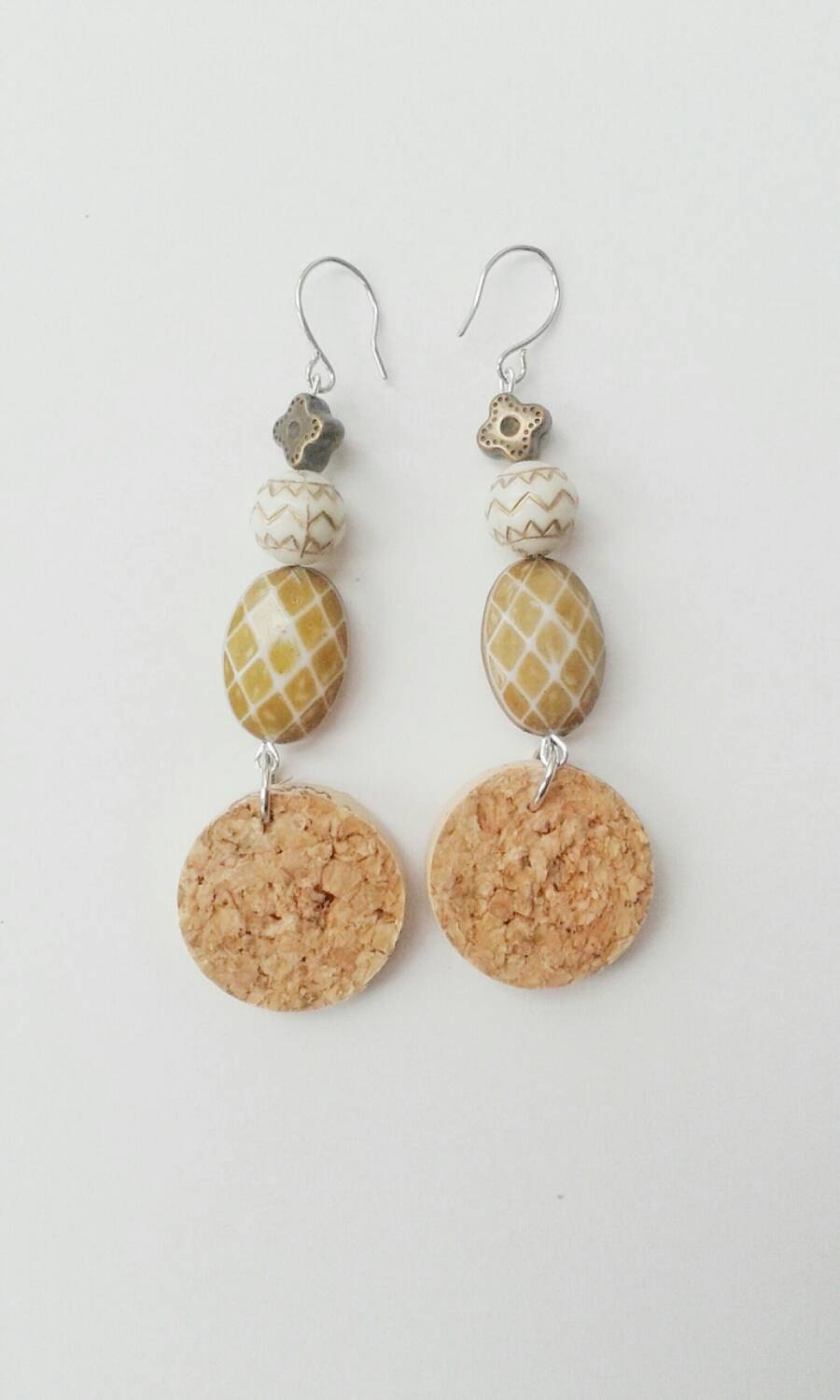 Wine cork earrings with cream beads by JnJStudios on Etsy