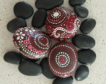Rock Art, Painted Rock, Rock Art, Mandala Inspired Design, Natural Home Decor, One-of-a-Kind Gift, red touch collection Trio #10