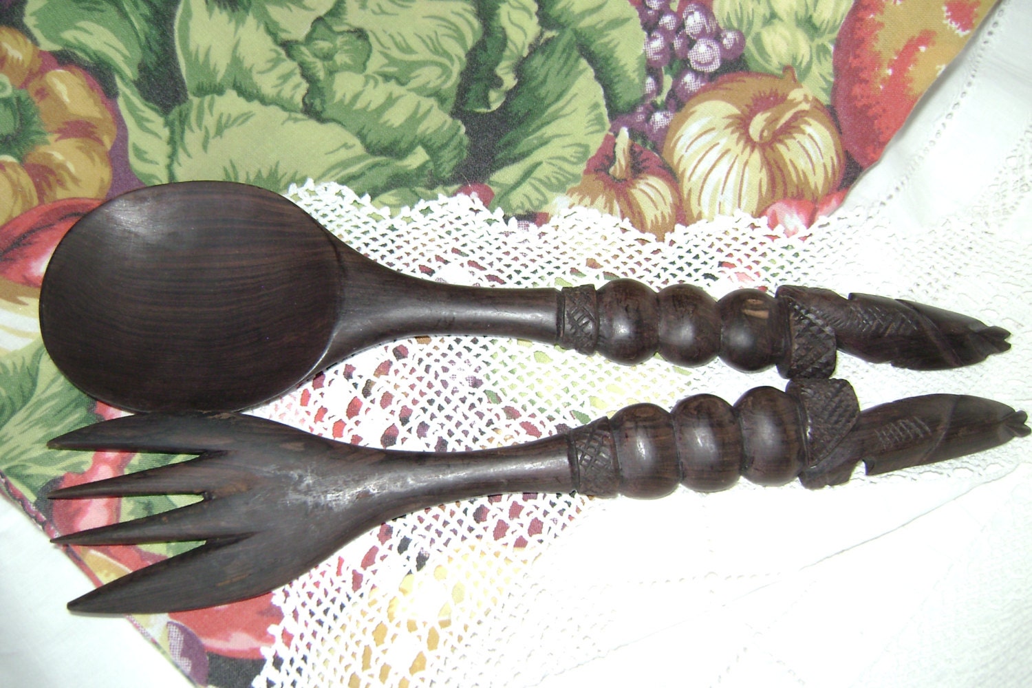 Authentic vintage African carved wooden salad servers unlike any mass produced African ones I