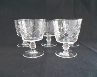 Vintage Whiskey or Brandy Glasses Diamond Cut Set of Five 1950's #00006