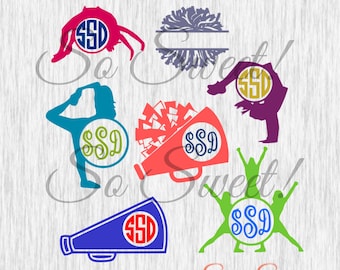 Cheer Monogram SVG / DXF Frames Cheerleading Frames for Silhouette Cutting Machines Gymnastics Megaphone Pom Poms Cheer Monogram Frame