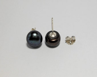 On Sale - Big Black Pearl Earring Studs In Sterling Silver,Pearl Earring Stud,Earring,Pearl Earring,Stud Earring,Piercing Earring,Jewelry
