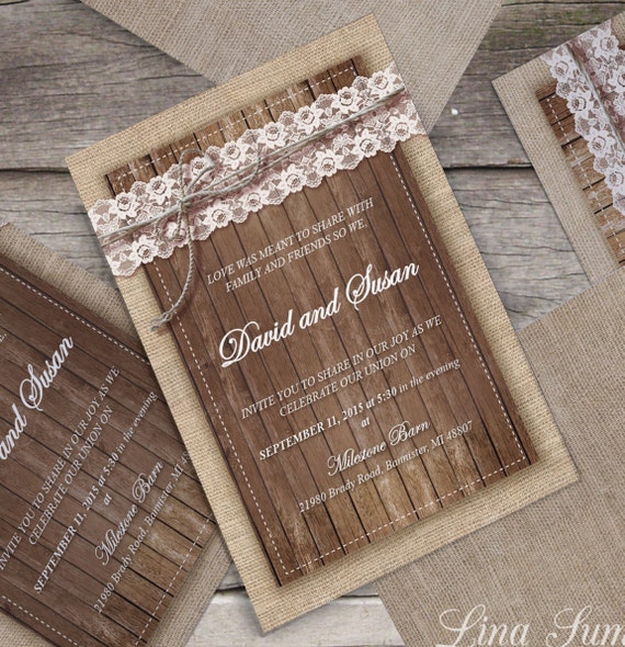 DIY Rustic wedding invitation with burlap wood and lace