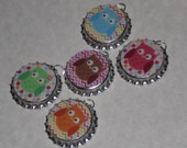 Set of 5 Silver Colored Bottle Cap Charms Whimsy Owl Themed Chevron Polka Dot Pastel Party Favors Tokens Kids Incentives Crafts