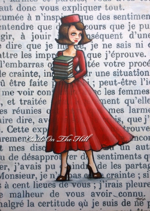 The Book Lover - Paris 1962 - Armfuls Of Books - Large original painting 20 x 28