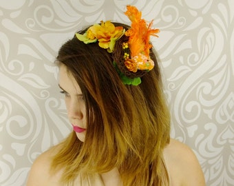Boho Headband, Orange Bird and Nest Headband, Woodland Headband, Orange Headband, Flower Crown, Headpiece, Unique Hair Accessory, Bridal