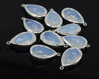 2 White Opal Glass Pendants, Tear Drop Charms with a Silver Plated Bezel LTP
