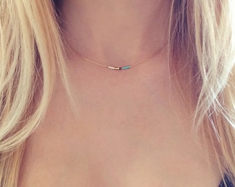 Minimalist Gold Delicate Short Necklace with Tiny Beads // Thin Layering Necklace // Colorful & Simple Boho Necklace