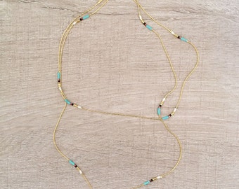 Extra Thin Long Bead & Chain Necklace // Minimalist Layering Boho Necklace // Simple Elegant Bohemian Jewelry // CO130-TQ