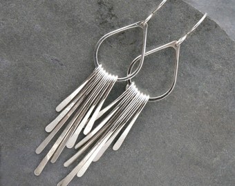 Fringe Sterling Silver Earrings Dangle Handmade Jewelry Teardrop Earring Asymetrical Hammered Falling Rain