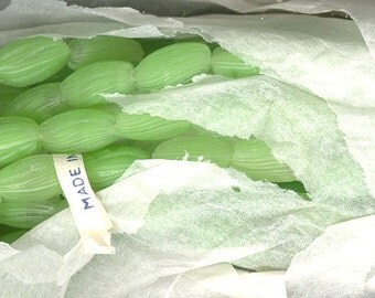 Sale Vintage Lime Givre Textured Ribbed Pattern Glass Beads From Japan 14x7.5mm No.52C
