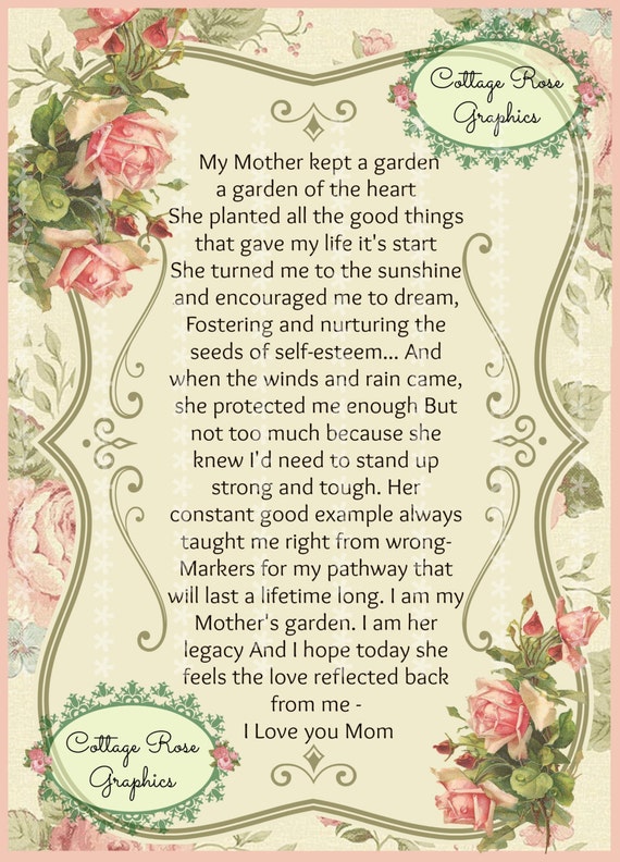 My Mothers Garden verse collage Single Pink Roses Large