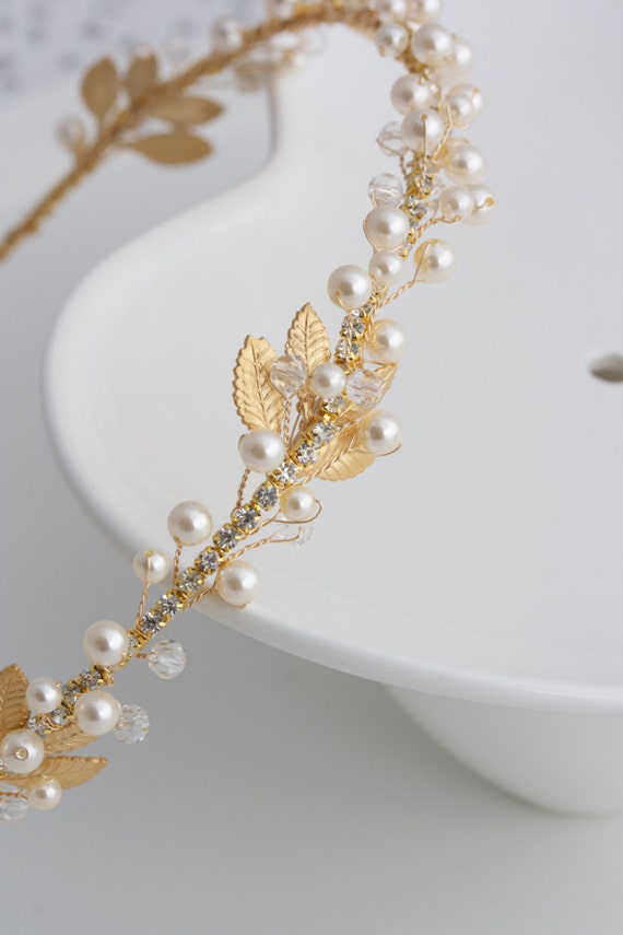 Gold Bridal Headband Pearl Headpiece Matt Gold Leaf Headband 8934