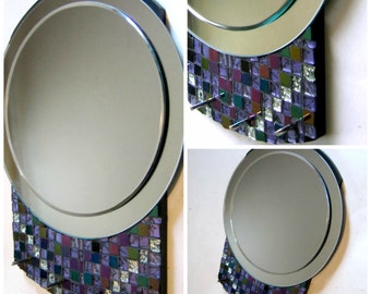 Mosaic Mirror, Art Deco Style Round Mosaic Mirror, Three Dimensional 3D Mirror with Hooks, Purple Silver Black Round Mosaic Mirror with Hook