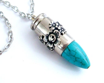 Upcycled Bullet Necklace Cowgirl Jewelry - Turquoise and Silver Ammo Jewellery
