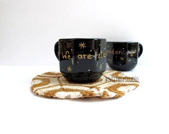 We Are Stardust Handpainted Demitasse Cups Set of Two Original Painting on Black Ceramic Cups Spirals Stars Woodstock Era Wedding Gift