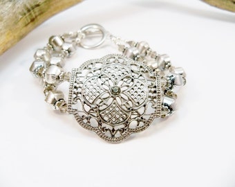 Silver Cuff Bracelet, Double Strand, Silver Jewelry, Crystal Bracelet, Women's Jewelry