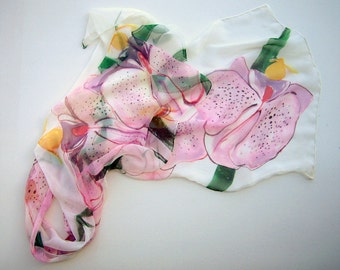 Hand painted silk scarf- Candy Orchids/ Silk chiffon scarf. Floral scarf painted. Bridal accessory pink. Silk painting Klara/ Summer fashion