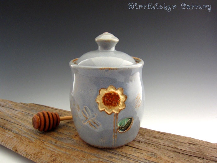 Pottery Honey Pot in Rustic Blue with Tall by DirtKickerPottery