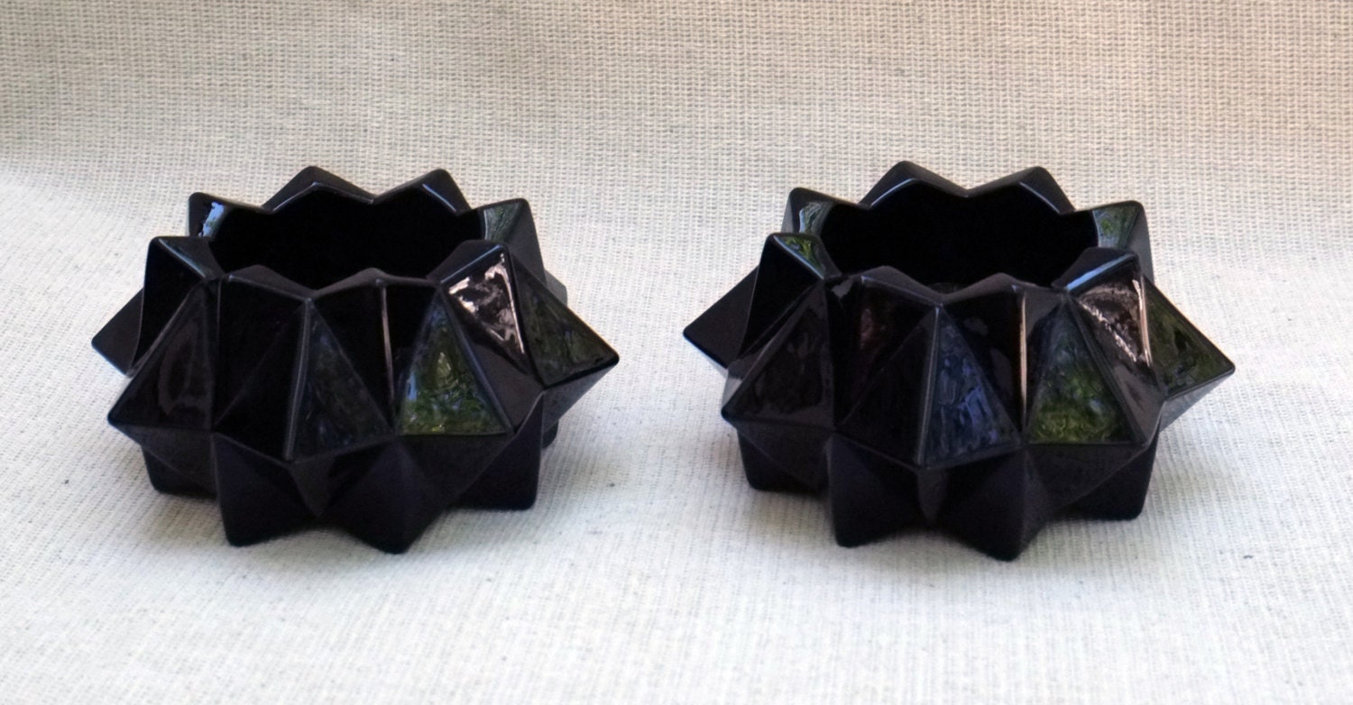 Black Glass Candle holders Vintage Geometric Star like Set