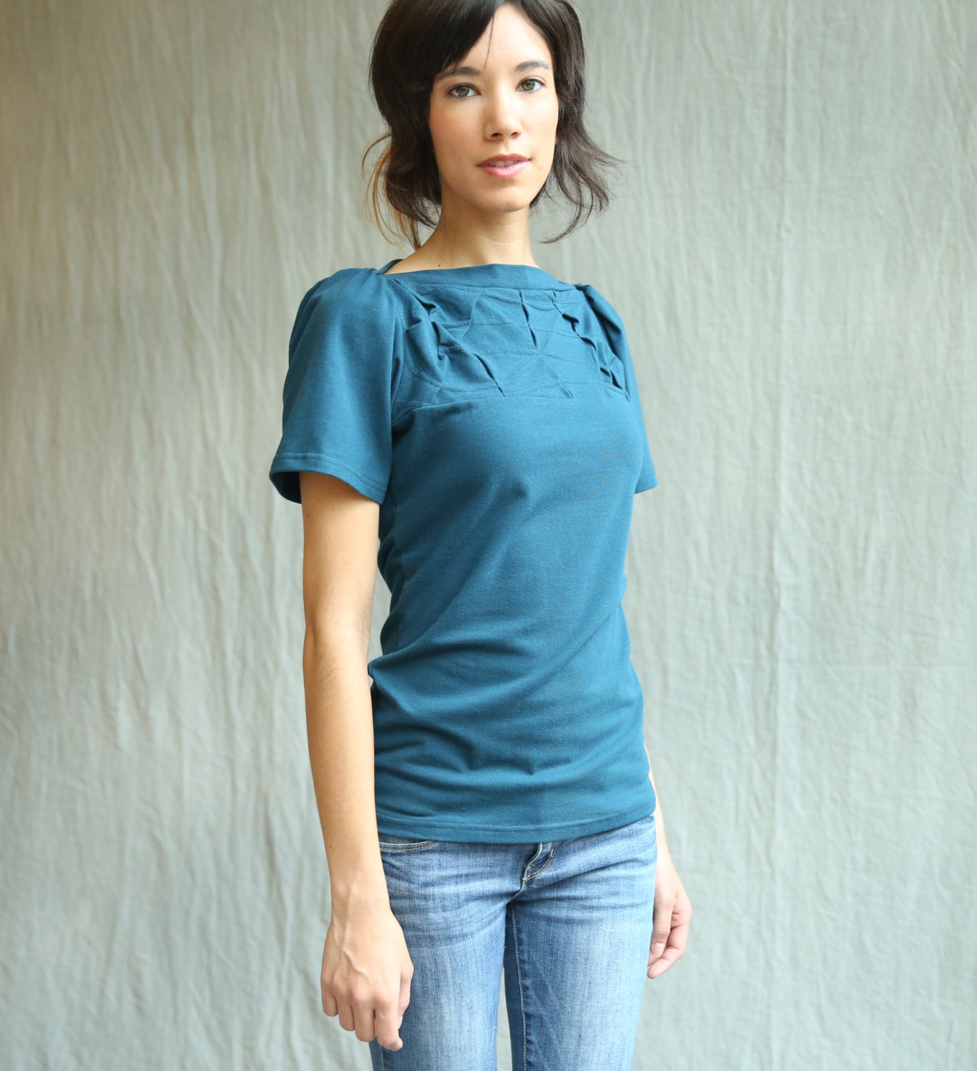 Women's Top Cotton Jersey folded detail puff sleeve